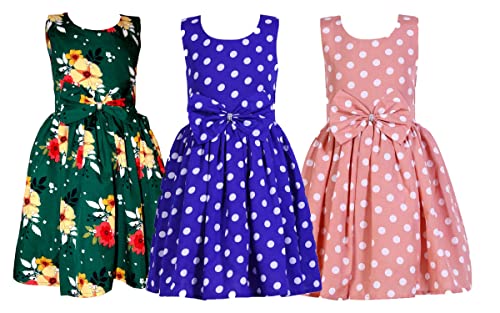 Image of Casual Frock for Baby Girls,Peach Polka::Royal Blue Polka,10-11 Years, Pack of 3