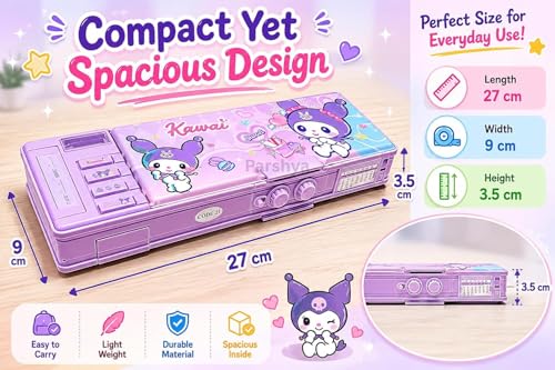 Image of Purple Multifunction Pencil Box for Girls with 2-Digit Password Lock, Built-in Sharpener & Calendar, Dual Sided Magnetic Geometry Compass Box with Buttons, School Gift (Password Lock Kuromi)