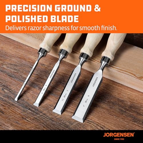 Image of Jorgensen 4-Piece Wood Chisel Set, Chromium Alloy Steel Beveled Edge Wood Chisels, Wood Chisels for Woodworking, Ergonomic Hardwood Handle with Metal Ferrule, 1 /4 inch, 1 /2 inch, 3 /4 inch, 1 inch
