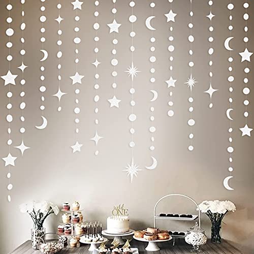 Image of White Star Moon Party Decorations Hanging Circle Dot Garland Crescent Twinkle Little Star Streamer Bunting Banner for Wedding Engagement Anniversary Bridal Shower Celestrial Birthday Decor Supplies