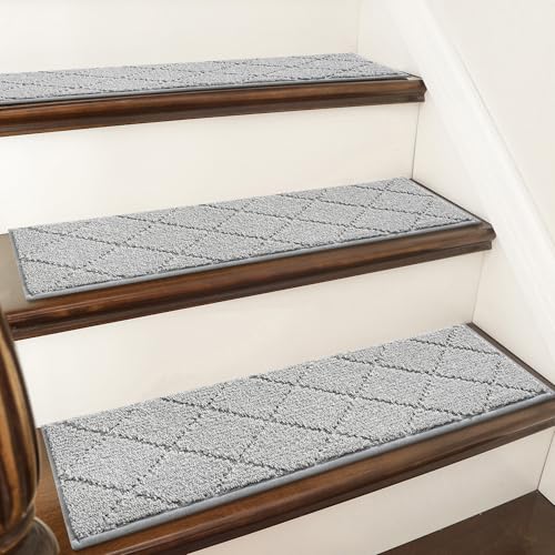 COSY HOMEER Edging Stair Treads Non-Slip Carpet Mat 28inX9in Indoor Stair Runners for Wooden Steps, Edging Stair Rugs for Kids and Dogs, 100% Polyester TPE Backing (10pc, Grey) Grey 10pc