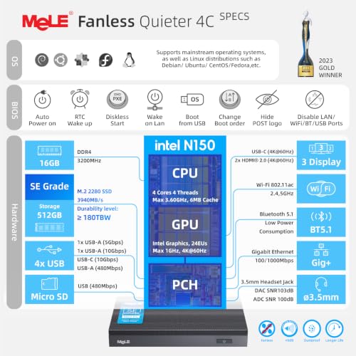 Image of MeLE SE Grade Quieter 4C Fanless Mini PC N150 (up to 3.6GHz) 8GB 128GB