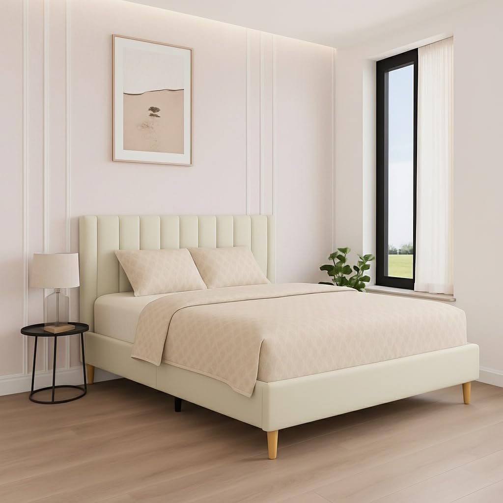 Wooden Upholstered Bed Queen Size Without Storage | Wooden Queen Size Cot with Headboard | Double Size Bed for Bedroom | Palang Furniture for Guest Room, White (75x60)-image-32