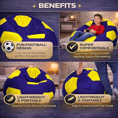 Image of RnS Rest 'n' Sleep - Bean Bag Football Chair Filled with Beans, with 1 Year Warranty (Yellow /Royal Blue, XXXL)