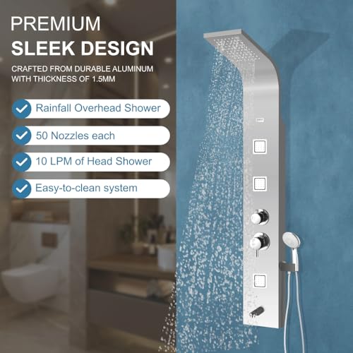 Image of JAAZ | Imperial Steel Matte Shower Panel Tower System | 3 Body Jets, Tub Spout & Hand Shower with 3 Modes | Adjustable Knobs | Bathroom Shower Set