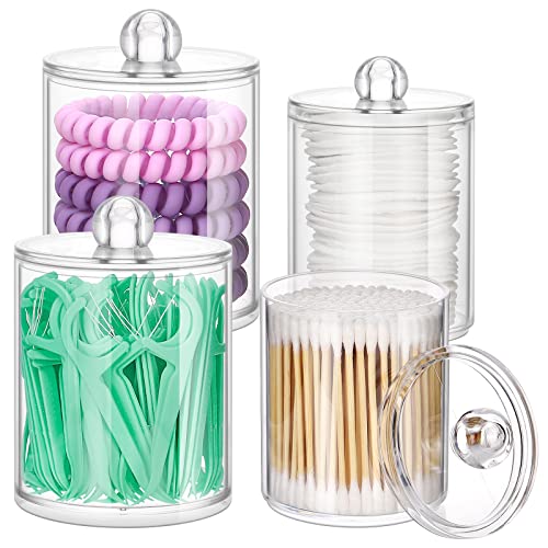 4 Pack Qtip Holder Dispenser - 10oz, 12oz Clear Plastic Apothecary Jars Set - Restroom Bathroom Makeup Organizers Containers for Floss, Cotton Ball, Cotton Swab, Cotton Round Pads, Hair Ties, Bath Salt
