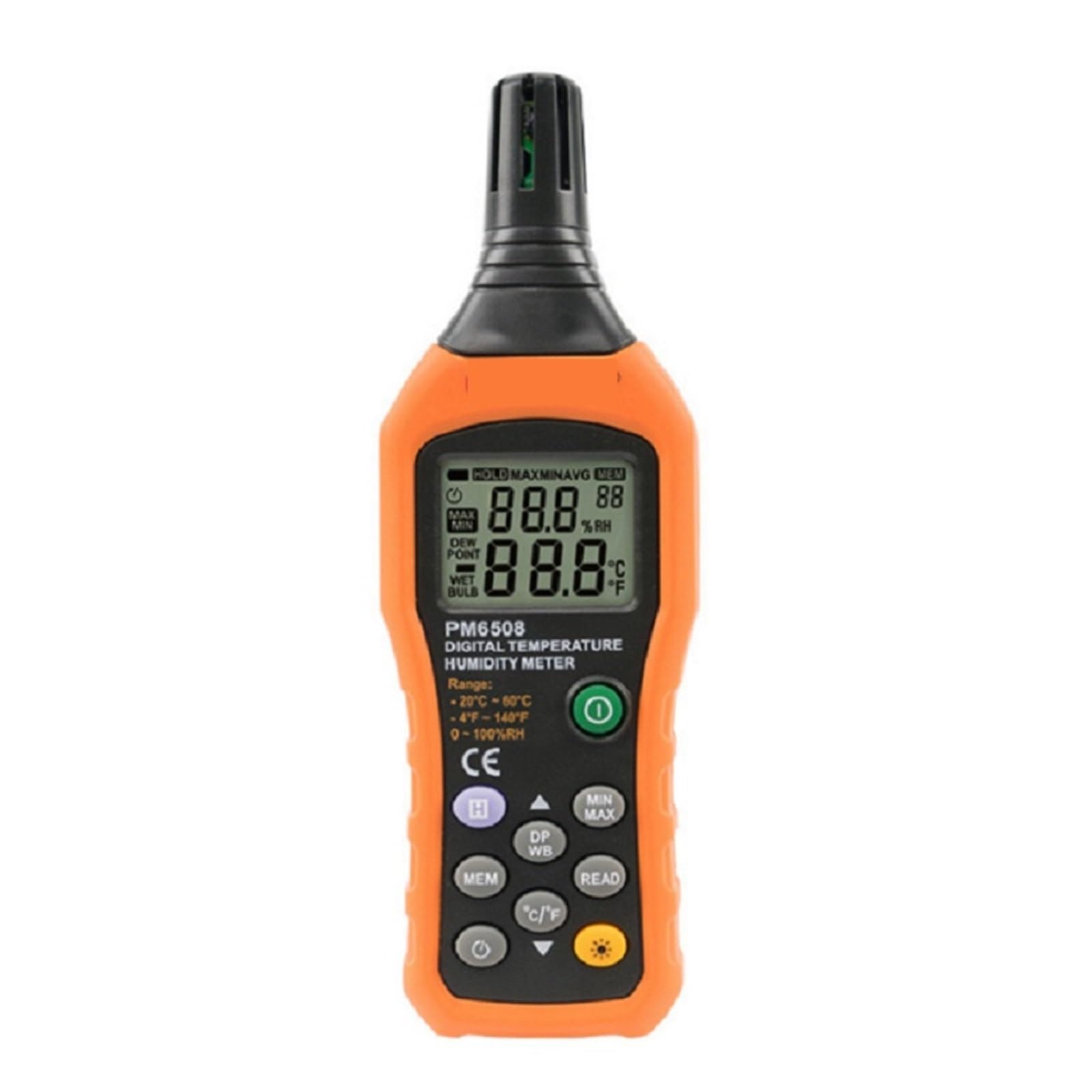 Medidor de temperatura y humedad PM6508, termómetro e higrómetro digital con temperatura ambiente, punto de rocío y bulbo húmedo for interiores y exteriores.