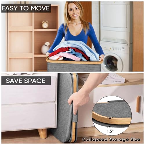 Image of BALEINE Laundry Hamper with Lid, Tall Laundry Baskets with Bamboo Pull Handles, Large Laundry Bin with Internal Support (36 Gal /140L, Grey)