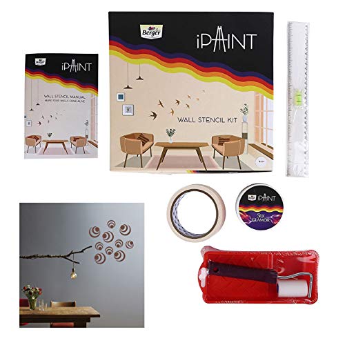 Image of Berger iPaint DIY Wall Moony Stencil Painting Kit (2 inch Foam Roller, Painting Tray, 200 ml Silk Glamor Paint Boxy Brown, Stencil Set, Masking Tape, Leveller Scale, DOU Booklet), Multicolor (F0001O0991001000)