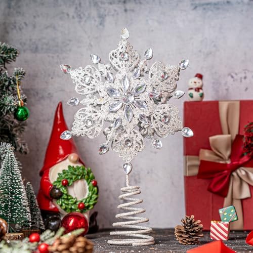 Topadorn Silver Snowflake Tree Topper - 14-Inch Metal Christmas Tree Treetop With Crystal Glitter