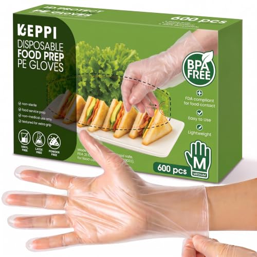 Keppi 600 Pack Disposable Gloves Medium – Clear HDPE Plastic, Food Safe, Latex-Free, BPA-Free – Single-Use for Cooking, Food Prep, Cleaning &amp; Serving