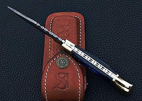 Smart & Sharp Custom Handmade Damascus Steel Folding Knife/Pocket Knife Ar-17395 (Blue Colored Wood) (Blue) #TOP3