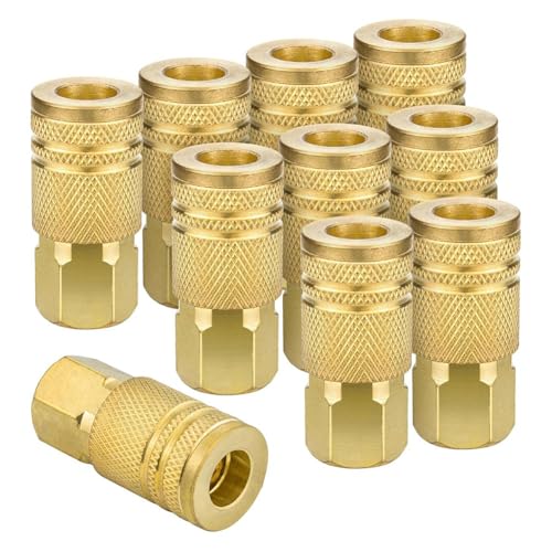 Puleuroy Acoplador Industrial Hembra de Latón de 1/4 Pulgada, Paquete de 10 Acopladores de Aire de Conexión Rápida NPT Internos para Accesorios de Manguera de Aire