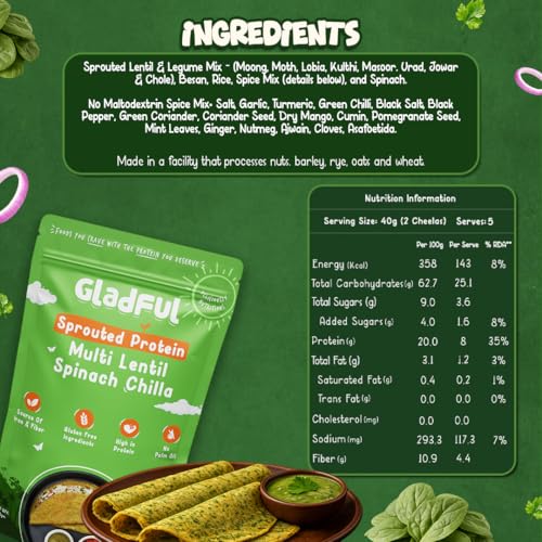 Image of Gladful Sprouted Protein Spinach Instant Chilla Mix - No Maida, No Palm Oil, Gluten Free, High Protein & Fiber-Rich Food, 200 g (Pack of 1)
