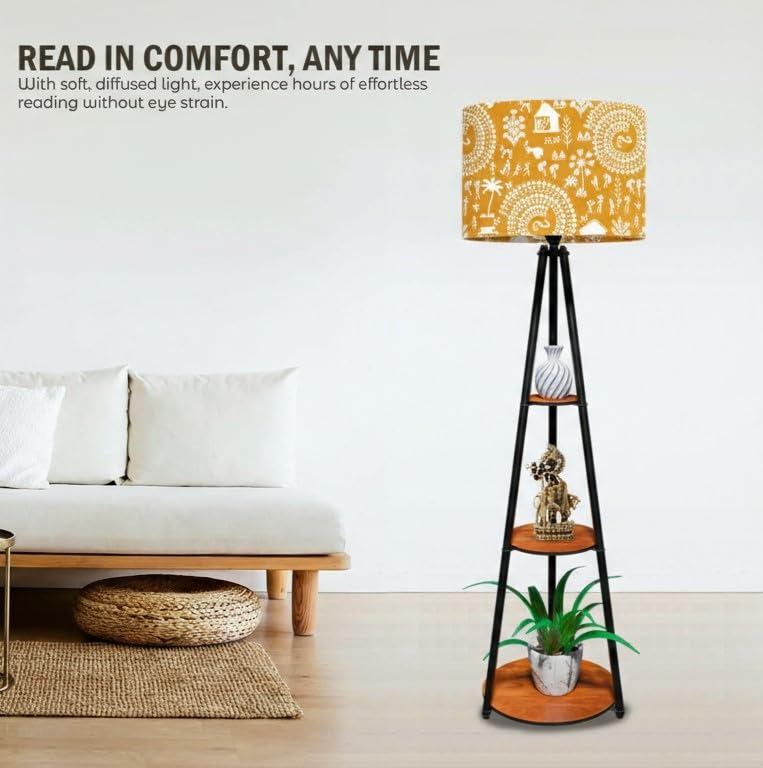 Image of Rellon Floor Lamp with 3 Storage Shelves, Metal FloorLamp for Living Room Standing Home Decoration FloorLamp Shade Reading for,Office,Kitchen,Bedroom (A8)