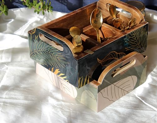 Image of Monstera Hut Leafy Gleam Mangowood Cutlery Holder | Wooden Cutlery Stand |Cutlery Spoon Stand For Dining Table Chammach Stand|Multipurpose Cutlery Holder |Size23x17x10 cm