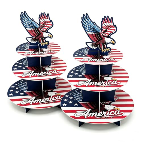 MTJYQYF 3-Tier Cupcake Stand - 2 Pack Patriotic America Flag Cardboard Cupcake Tower, Dessert Cup Cake Stand Tower for Independence Day Party Decoration, America Flag Theme Dessert Display PCS001-US1
