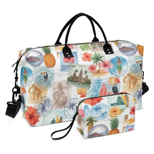 Burbuja Travel Duffel Bag for Women, Tropical Patchwork Stamp Weekender Overnight Bag Shoulder Carry On Tote with Trolley Sleeve, Gym & Toiletry, Large Size