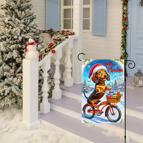 Image of BlissYard Christmas Garden Flag 12x18 Inch Dachshund Bicycle Yard Decor