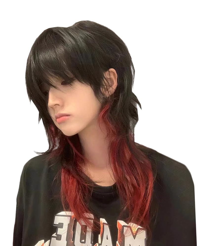 Mullet Wig Black Mix Red Wolf Cut Layered With Bang Heat Resistant Natural Looking for Women