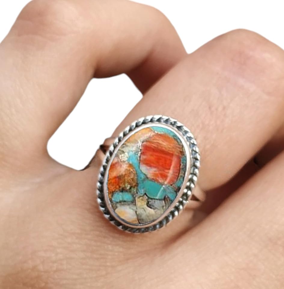 Spiny Oyster Copper Turquoise Ring 925 Sterling Silver Handmade Multicolor Gemstone Ring For Women Perfect Oval Shape Turquoise Jewelry Engagement Anniversary Unique Gift For Her
