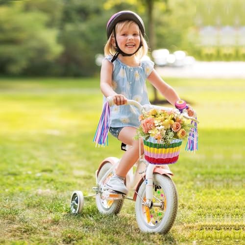 Fahrradkorb Kinder Vorne Fahrradkorb Mädchen Vorne für 14 16 18 20 Zoll Fahrrad Korb mit PU-Gurten, Aufkleber, Lenkerfransen, Fahrradklingel – Fahrrad Zubehör Kinder, Kinderfahrrad Zubehör, Regenbogen