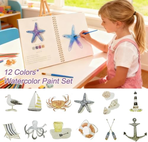 Image of Watercolor Workbook, Water Coloring Book, 12 Different Patterns of Original DIY Designs, 12 Colors Watercolor Paint Set with Palette and Brush, Beginner-Friendly Watercolor Workbooks(Seaside)
