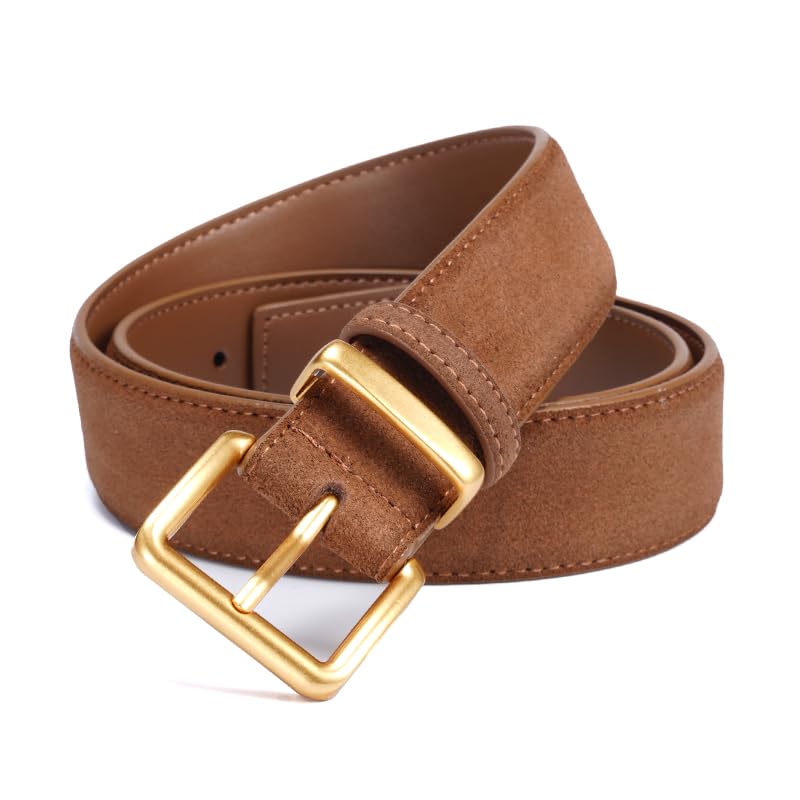 Women's Suede Leather Belt - Wide Gold Buckle Belt for Dresses & Jeans, Adjustable Waist Belt (Fits 26