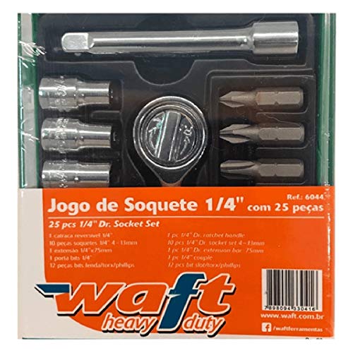 KIT JOGO DE SOQUETES SEXTAVADO 1/4'' CATRACA EM CR-V 25PCS COM CATRACA REVERSIVEL, EXTENSOR, MALET