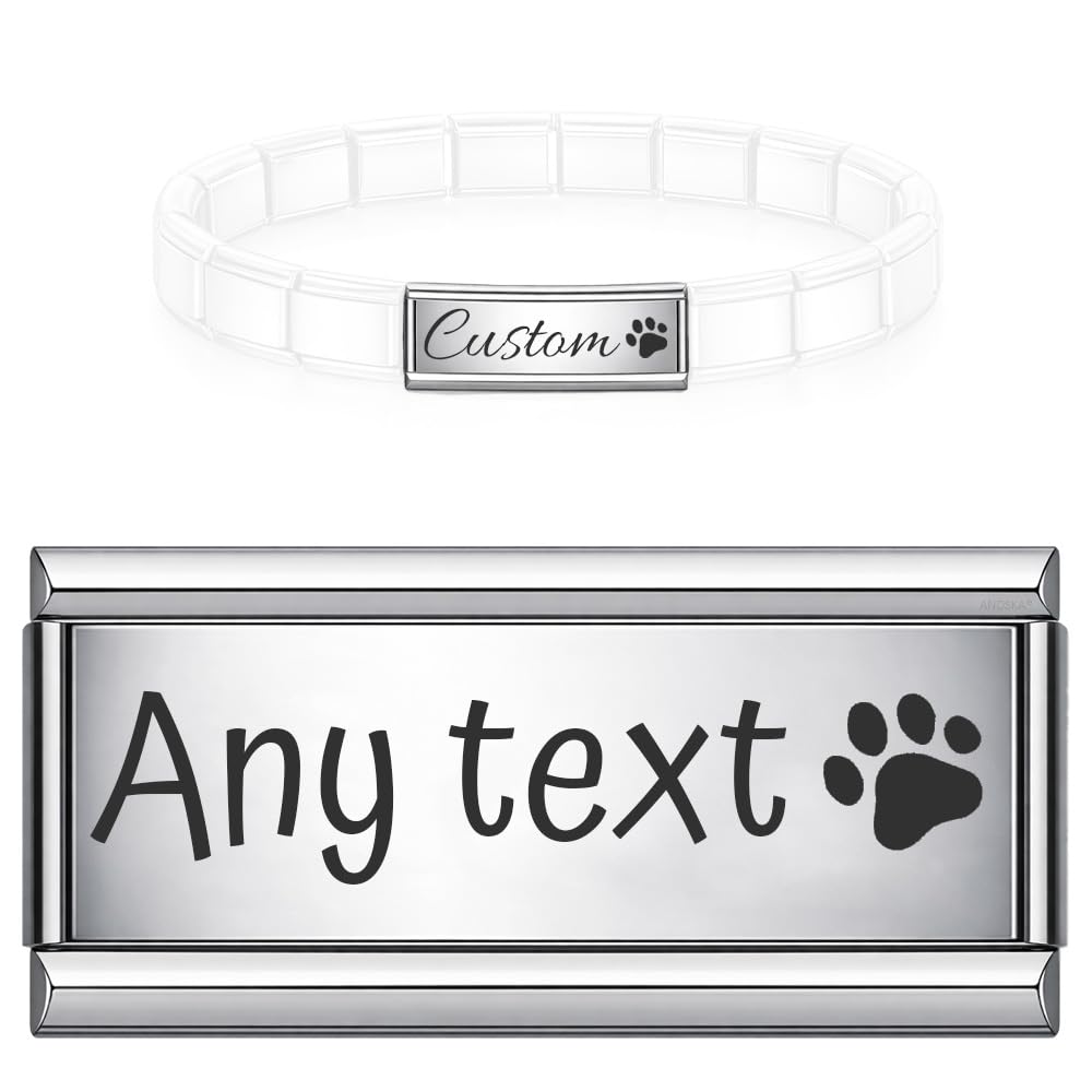 Personalised Engraved Long Double Link Charm for 9mm Italian Modular Stretch Bracelet Custom Text Name Date Paw Heart Silver and Gold (Custom Text Paw)