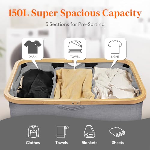 Lifewit-150L-Laundry-Basket-with-Lid-3-Section-Large-Laundry-Hamper-with-Bamboo-Handles-and-Removable-Laundry-Bags-Clothes-Hampers-for-Laundry-for-Bedroom-Bathroom-Dorm-Laundry-Room-Light-Gray