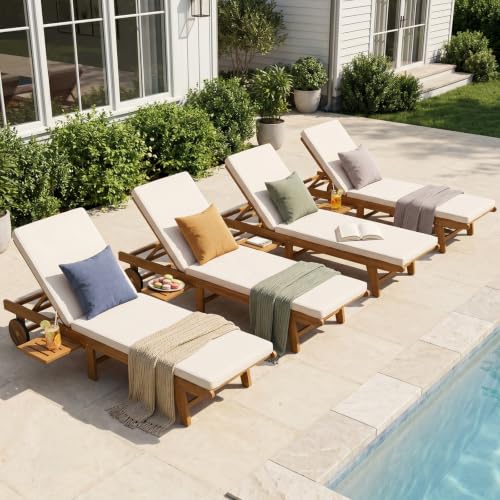 Image of Patiorama Patio Acacia Wood Chaise Lounge Set of 4, Pull-Out Table, Cream