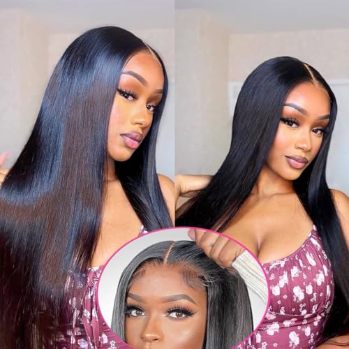 Pleluv Glueless Wig Human Hair 24 Inch, Pre Plucked Bye-Bye Knots Straight 4x4 Lace Front Wigs Human Hair for Beginners, Pre Cut No Glue Human Hair Wigs for Women 24 Inch