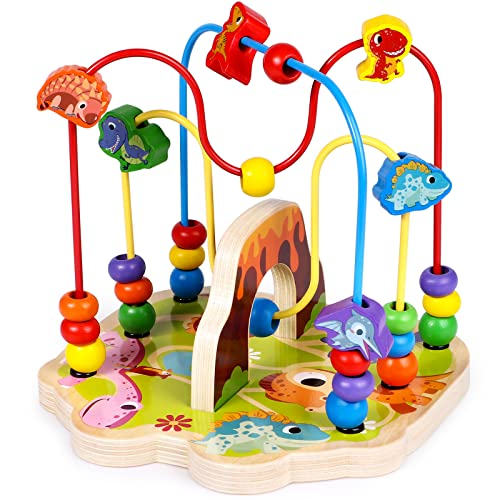Toyssa Motorikschleife aus Holz Montessori Spielzeug Ab 1 2 3 Jahr Dinosaurier Roller Coaster Holzspielzeug Motorikwürfel Bunte Perle Labyrinth aus Holz für Kinder Kleinkind Geschenke Cover