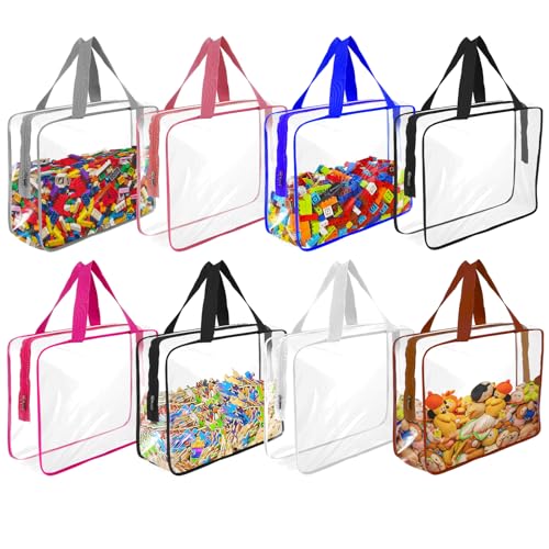 8 Pcs Large Clear Toy Storage Bags with Zipper, Reusable PVC Waterproof Toy Organizer Bags with Portable Handle for Building Blocks, Puzzles, Board Games,and Travel Dust-Proof Storage (Large)