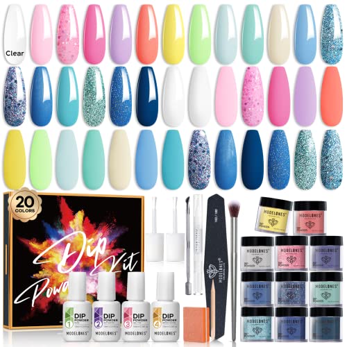 Modelones 32 Pcs Dip Powder Nail Kit Starter, 20 Colors Pastel Summer Acrylic Dipping Powder System Essential Liquid Set with Base Top Coat Activator Brush Saver for French Nail Art Manicure DIY Gifts