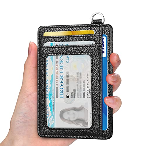 Image of Slim Minimalist Front Pocket Wallet, RFID Blocking Credit Card Holder Wallet with Detachable D-Shackle for Men Women, Litchi Black, Medium