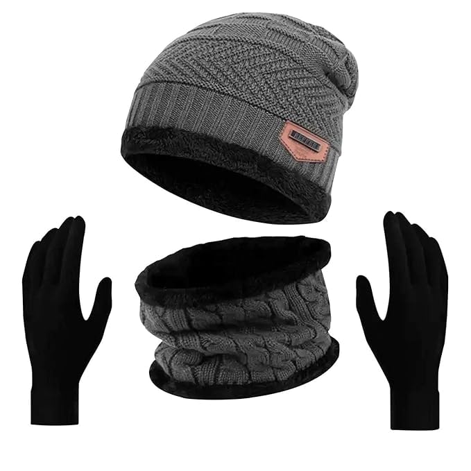 truflair Winter Knit Beanie Cap Hat Neck Warmer Scarf and Woolen Gloves Set for Men & Women (3 Piece) Ultra Soft Unisex Woolen Beanie Cap Plus Muffler Scarf Gloves Set (GREY)-picture-53