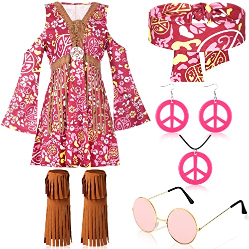 Heentan 8 Pcs 60S 70S Outfit For Girls Kids Hippie Costume Boho Dress Hippie Ankle Socks Peace Sign Earring Necklace Headband (Delicate Style) #TOP7