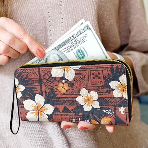 Hawaii Totem Flowers PU Leather Ladies Wallet Wristlet, Tropical Hawaiian Tiki Art Zip Around Wallets for Women, Brown Large Capacity Card Holder Organizer3