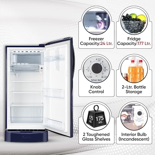 Image of LG 201 L 5 Star Direct Cool Smart Inverter Compressor Single Door Refrigerator (GL-D211HBIZ, Blue ILAN, Fast Ice Making, Auto Smart Connect with Base Stand Drawer)