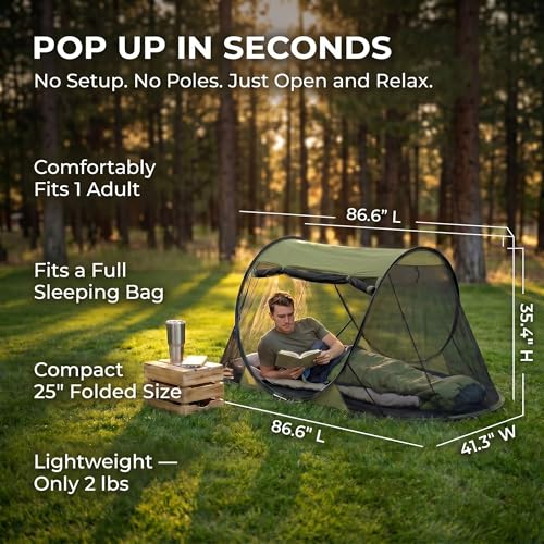 Image of Pop up Mosquito Tent for Camping, 86.6 x 41 x 35 Inch Bug Net Tent with Instant Automatic Setup, Lightweight Portable Screen Net Fits Most Camping Cot for Outdoor Hiking Travel(Army Green)
