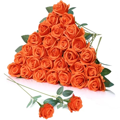 LPREUTWN 30pcs Fake Roses Artificial Silk Flowers Long Stems Bouquet for Wedding Bridal Shower Party Home Decoration (Orange)