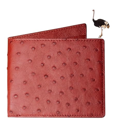 Image of HATA Red Ostrich Leather Bifold Wallet for Men, Double-Sided Ostrich Billfold with RFID Blocking, Handmade Leather Wallet Gift for Birthday, Anniversary, Father's Day VINAMOS-07