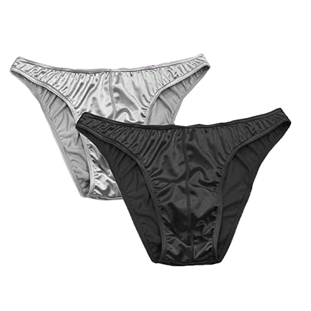 Men's Sexy Silky Satin Stretch Support Low Rise Briefs Basic Bikini Underwear 2 Pcs/pack