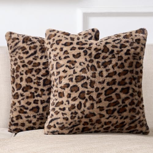 DXGJOKR Cheetah Pillow Covers 18x18 Faux Fur Leopard Pillow Covers Set of 2 Soft Fluffy Double-Sided Decorative Cheetah Print Throw Pillowcases for Couch Sofa and Room Decor