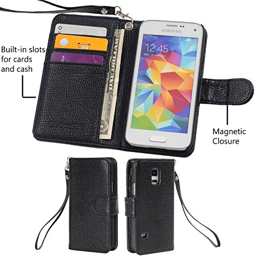Wisdompro Wallet Case For S5 Mini, Pu Leather Flip Folio Protective Phone Case Cover With Magnetic Closure, Wrist Strap And Card Holder Slots For Samsung Galaxy S5 Mini - Black #TOP3