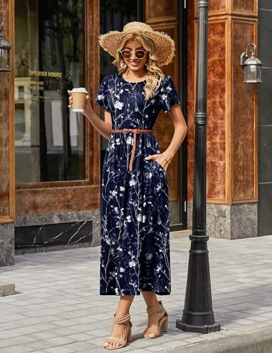 Image of Zeagoo Summer Dresses for Women 2026 Maxi Bohemian Floral Short Sleeve Long Dress Casual Flowy Tired Beach Sundress