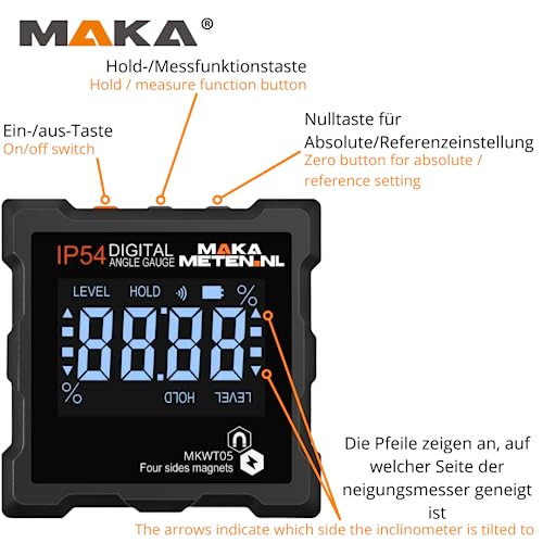 MAKA Digitale Neigungsmesser - Genauigkeit von 0,1° bis 0,2° - Magneten auf allen Seiten - Helles LCD-Display - 4x90° Neigungsmesser - Winkelmesser
