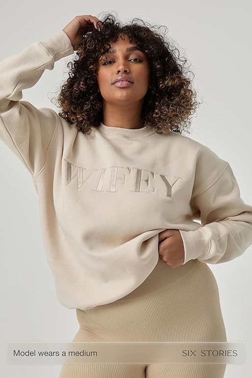 Six Stories | Oversized Wifey Statement Sweatshirt for Newlywed Bride | Soft & Cozy Embroidered Champagne Crewneck Sweater - Image 2